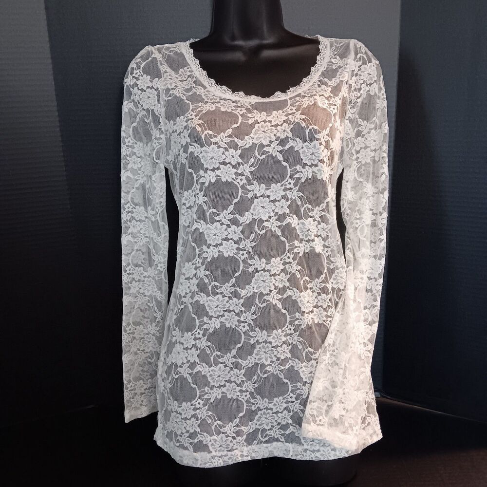 Y2K Lace Sheer Layering Top Women Size Large Boho Coquette Romantic Shirt Fairy